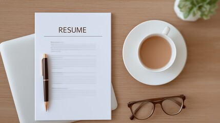 Flat lay of a resume on a desk with a cup of coffee, pen, and glasses, suggesting job application and interview preparation