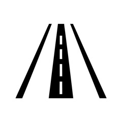 A simplistic stylized black and white image of a road with lane markings