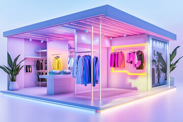 3D Style Neon-Infused Streetwear Showroom with Bold Neon Lights and Urban Fashion Displays