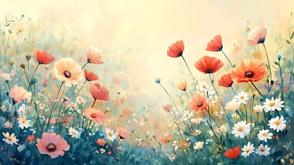 Obraz premium Dreamy, soft-focus field of colorful wildflowers under warm sunlight