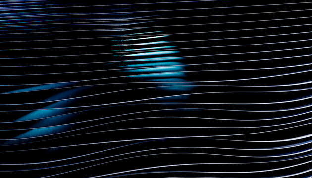 Abstract blue and black light pattern with wave-like horizontal lines. Blender 3D illustration