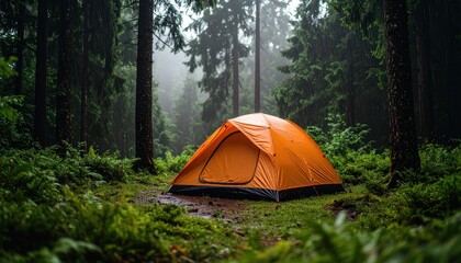 Bright Orange Tent Nestled in Lush Green Forest with Misty Background