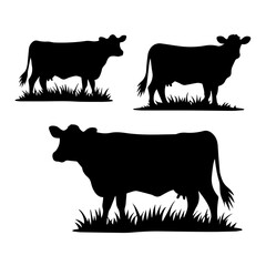 Set of black cow and calf silhouettes in various poses and profiles, isolated on white background. Ideal for farming, livestock, or agricultural design themes.