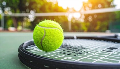 Vibrant Tennis Ball in Mid-Air Above Racket on Outdoor Court