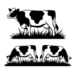 Fototapeta premium Set of black cow and calf silhouettes in various poses and profiles, isolated on white background. Ideal for farming, livestock, or agricultural design themes.
