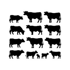 Set of black cow and calf silhouettes in various poses and profiles, isolated on white background. Ideal for farming, livestock, or agricultural design themes.
