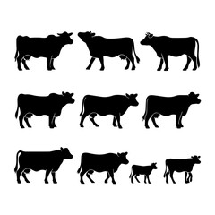 Set of black cow and calf silhouettes in various poses and profiles, isolated on white background. Ideal for farming, livestock, or agricultural design themes.