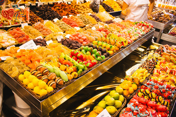 Sweet Candy Shop In Boqueria Market In Barcelona, Spain