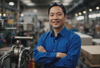 Fototapeta premium Smiling man in a blue shirt standing confidently in a manufacturing facility