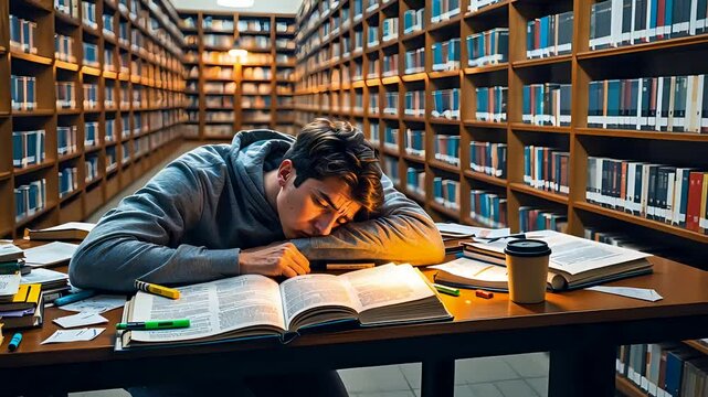 Exhausted Student Sleeping on Books Inside Library Surrounded by Shelves and Study Materials