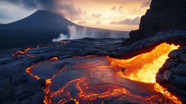 A lava lava flows into the ocean as the sun sets behind
