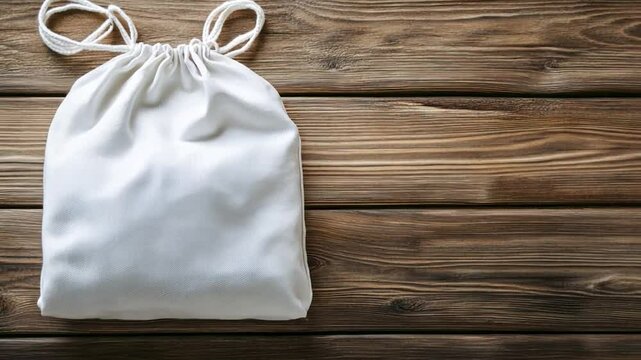 White reusable drawstring bag on a wooden surface