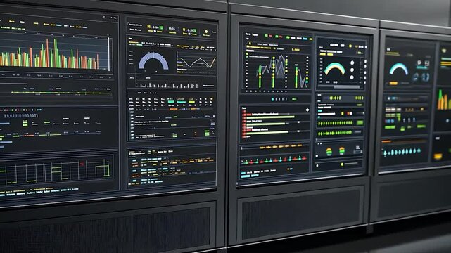 Multiple computer screens with data visualizations