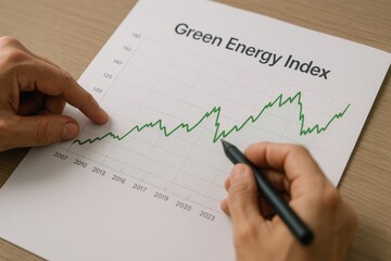 Green Energy Index Analysis with Graph and Hands Pointing at Data Trends and Growth Over Time