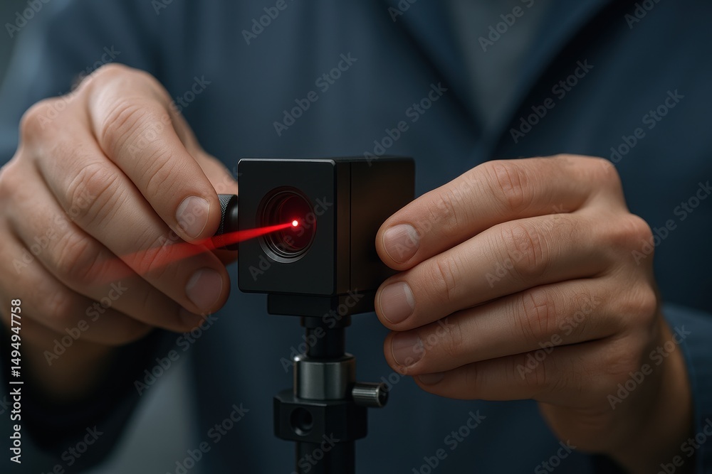 Poster hands adjusting laser device with red beam in laboratory setting for scientific experiments