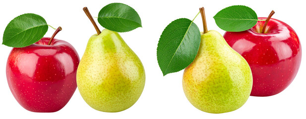 Obraz premium Apple and Pear Still Life, Fresh Harvest Fruit with Leaves, Transparent PNG