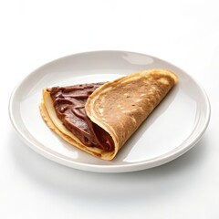 Decadent nutella crepe elegantly plated on a white dish served with a delicate drizzle of chocolate sauce side view
