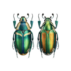Two Jewel Scarab Beetles, Close-Up Dorsal View, Iridescent Green and Gold
