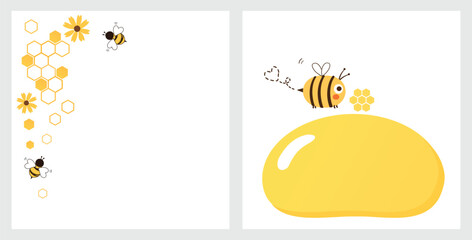 Honey signs with hexagon grid cells, bee cartoons and honey drop sign isolated on white backgrounds vector.