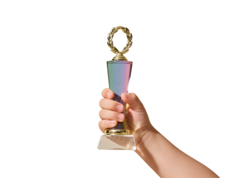 Childs Hand Holding a Colorful Crystal Award Trophy on Transparent Background