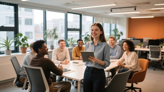 realistic, high quality, high resolution, 4k, digital art, photograph, a woman with dark hair and glasses standing in a modern office space with coworkers meeting around a table, natural lighting, ple