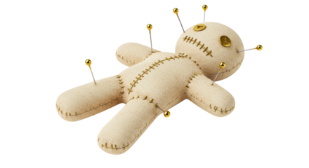 Isolated Burlap Voodoo Doll with Golden Pins Sticking Out