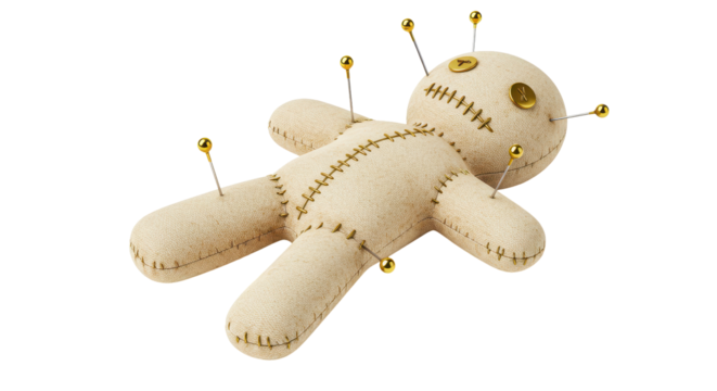 Isolated Burlap Voodoo Doll with Golden Pins Sticking Out