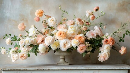 Delicate bouquet of ranunculus and garden roses in a soft peach and ivory palette, softly lit on vintage table Soft Floral Close-ups and Minimal Blooms Pastel Botanical Arrangements and Still Life