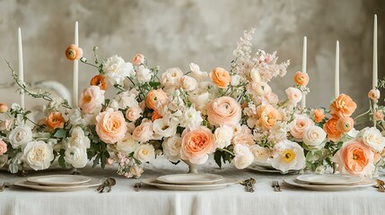 Delicate bouquet of ranunculus and garden roses in a soft peach and ivory palette, softly lit on vintage table Soft Floral Close-ups and Minimal Blooms Pastel Botanical Arrangements and Still Life
