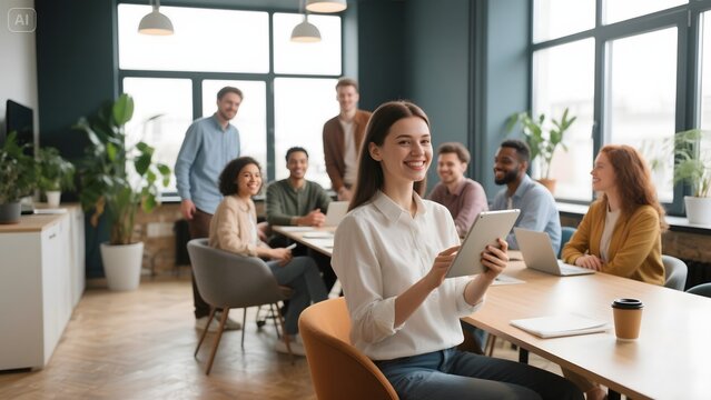 realistic, high quality, high resolution, 4k, digital art, photograph, a woman with dark hair and glasses standing in a modern office space with coworkers meeting around a table, natural lighting, ple