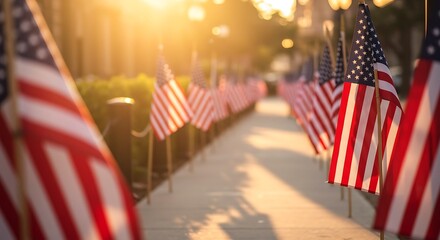 Golden Hour American Flags Lining a Pathway