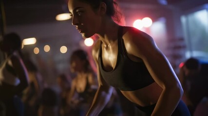 Sweaty woman concentrating and lifting small weights while pedaling a stationary bicycle during a rhythm cycling class in a dark, energetic gym