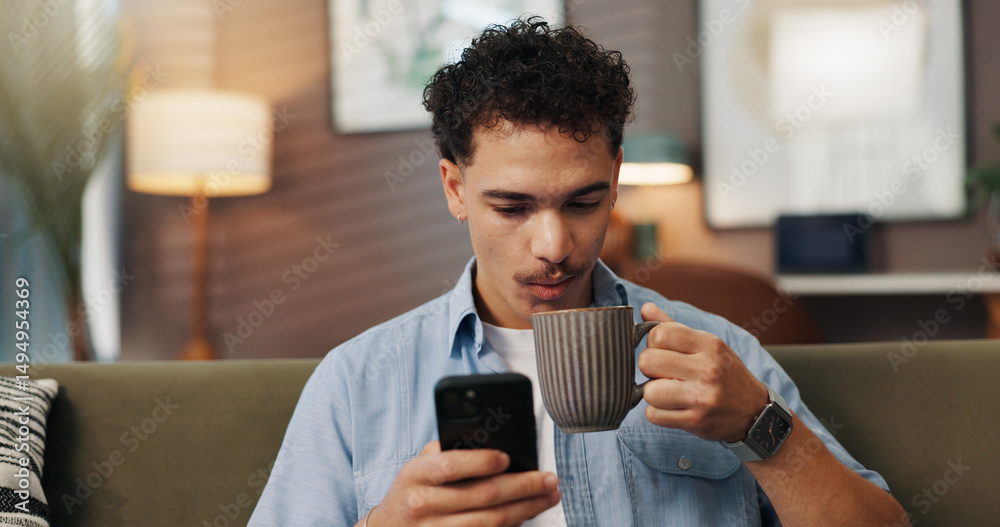 Poster relax, drinking coffee and man with phone in home for communication, chat and reading message on app