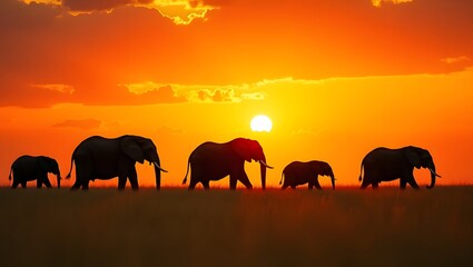 Obraz premium African elephants walking silhouette at sunset wildlife safari kenya tanzania