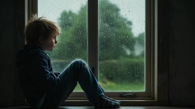 Lonely blond boy sitting by window watching rain falling outside