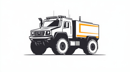 Minimalist black and white logo of a Dakar rally truck with bold cab-over shape, large tires, roof lights, and yellow stripe on the side; clean pastel tones on white background, modern and striking de