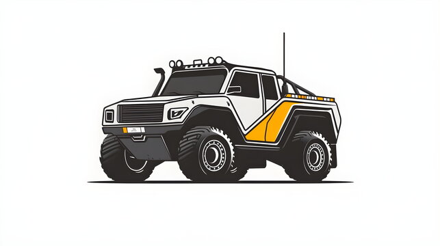 Minimalist black and white logo of a Dakar rally truck with bold cab-over shape, large tires, roof lights, and yellow stripe on the side; clean pastel tones on white background, modern and striking de
