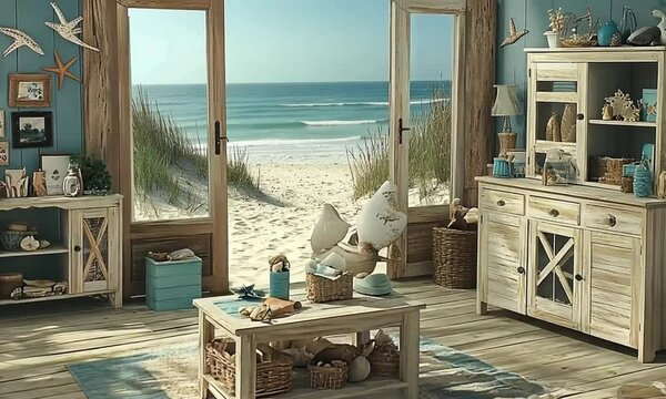Serene Beachfront Home Interior with Coastal Decor and Ocean View Ambience