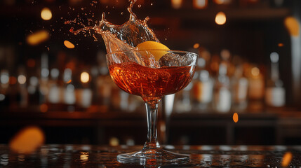 Amber cocktail splashing in coupe glass bar background