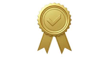 Isolated Golden Quality Seal Rosette Award with Checkmark and Ribbon