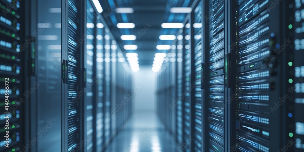 Poster modern data center with rows of servers illuminated by bright overhead lights during a daytime opera