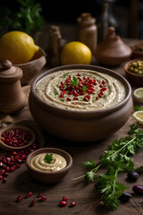 Baba Ghanoush – smoky eggplant dip with tahini, lemon, garlic, and olive oil. Authentic Middle Eastern mezze served in rustic bowl, traditional Arab cuisine