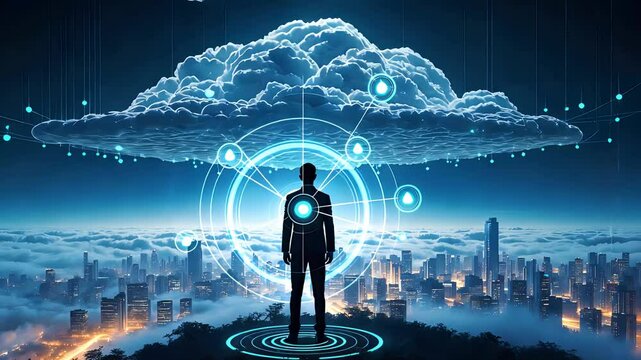 Futuristic Cloud Computing Concept with Human Silhouette and Digital Data Circles Above City Skyline