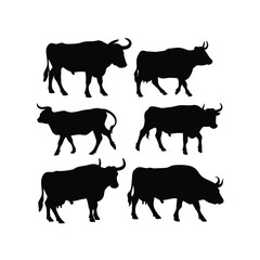 Collection of Six Black Silhouettes of Cattle  Farm Animals, Livestock, Bull, Cow, Ox Illustrations