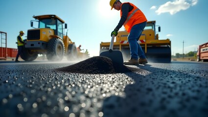 Road construction worker asphalt paving job site heavy equipment repair service