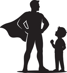 Superhero Dad and Son Silhouette Vector Illustration.