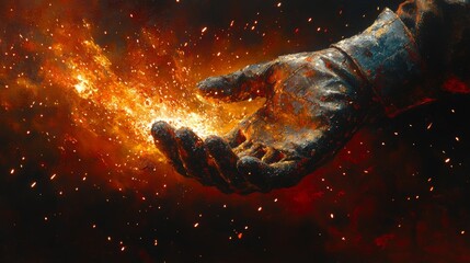 Naklejka premium Glowing Hand Releasing Sparks of Fire in Dark Background Imagery