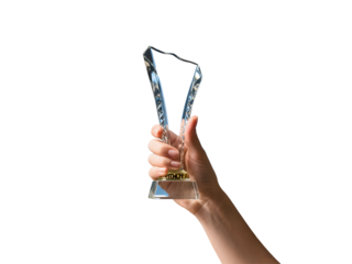 Woman s Hand Holding a Crystal Award Trophy on Transparent Background