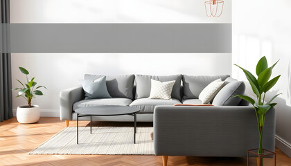 Elegant grey sofa in the cozy living room beside a lush potted plant, with a decorative banner nearby., angled photoshot. isolated with white highlights