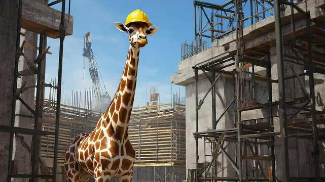 Giraffe construction worker inspects building site